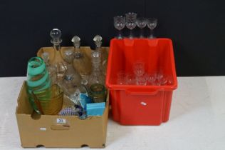 Assorted 20th Century glass to include assorted etched sherry glasses, LSA green glass vase, amber