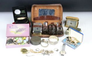 A box of mixed collectables to include wristwatches, vanity set and a quantity of costume