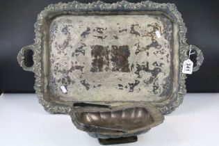 Late 19th / early 20th century silver plated rectangular serving tray with cast scrolling & floral