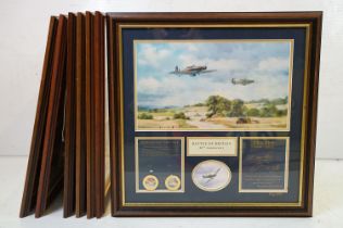 Set of seven Bradford Exchange commemorative framed medallion prints to include Victory in Europe,