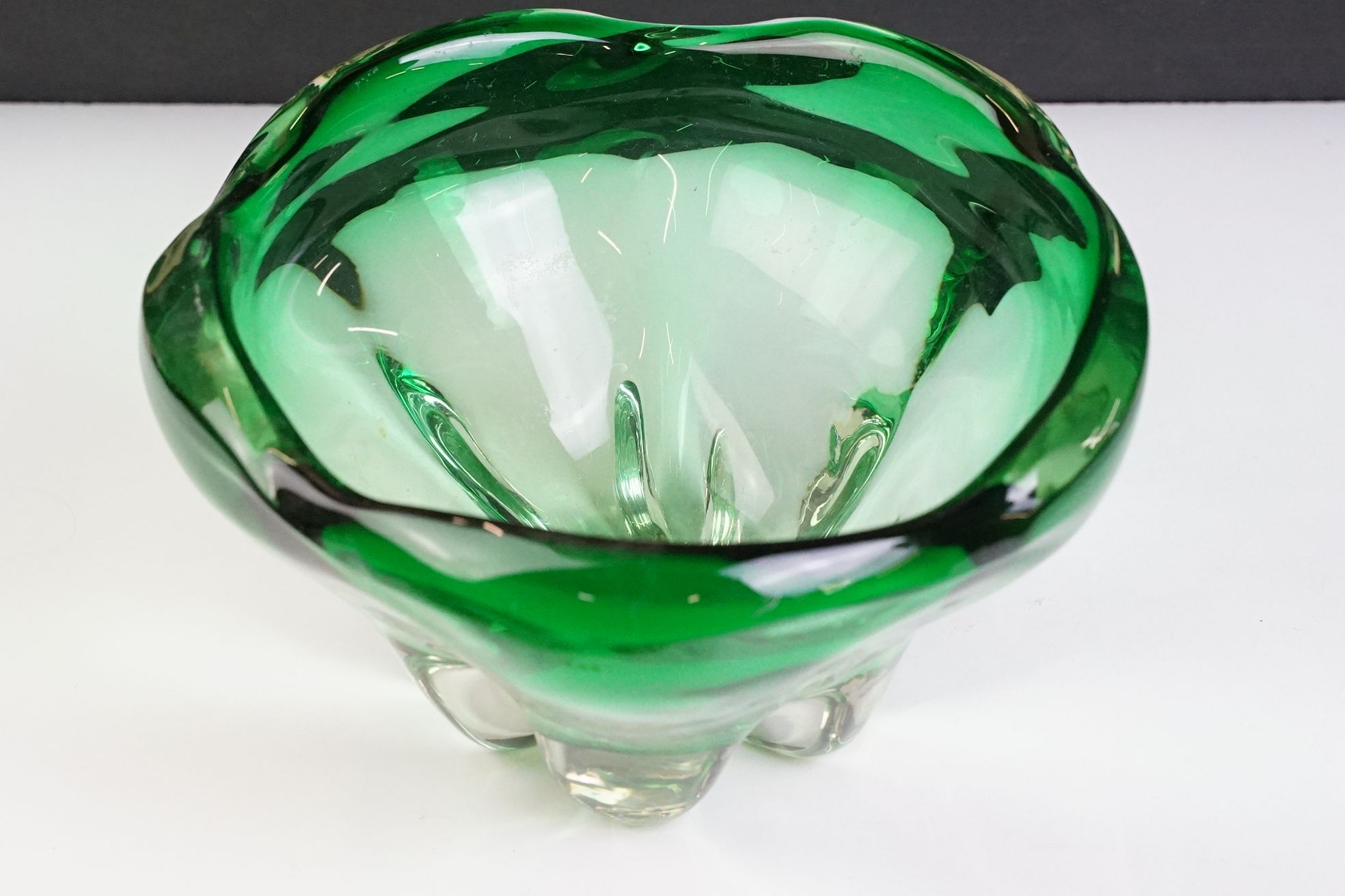 Two pieces of mid Century Czech green glass bowls to include a lobed bowl and fanned rim footed - Image 4 of 11