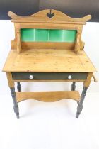 Late Victorian Pine Washstand the tiled back and painted drawers and legs, with attached towel