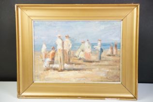 Framed Impressionist style Oil Painting of a busy Victorian Beach scene with figures, 26.5cm x 36cm