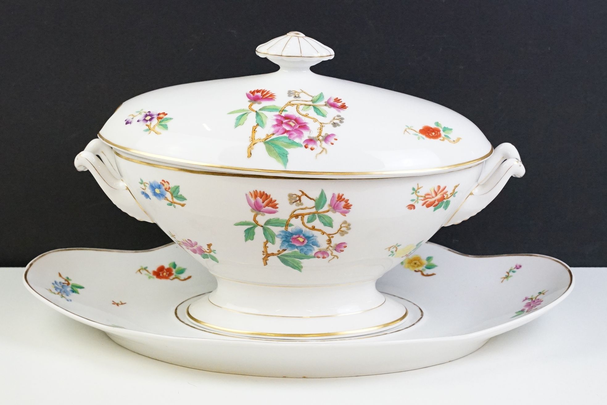 19th Century white ceramic large footed serving tureen with hand coloured floral decoration - Image 2 of 9