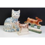 Three Rye pottery ceramic animals to include a blue and white cat, hare and goat. All with stamped