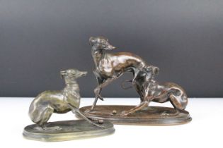 Cast bronze figure group of Greyhounds with a ball (15.5cm high), together with a further bronze