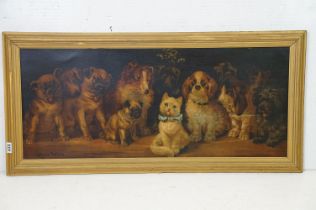 Louis Wain, circa 1900 - 1943, Large Chromolithograph Study of White Kitten and numerous Dogs,