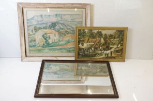 Large Cezanne print in a mid Century frame (a/f), together with a bevelled edge mirror and a Marsden