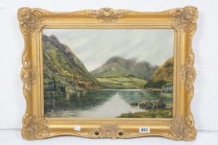 Oil on board of a valley lake scene, artist monogram to lower right, approx 49cm x 34cm, gilt framed