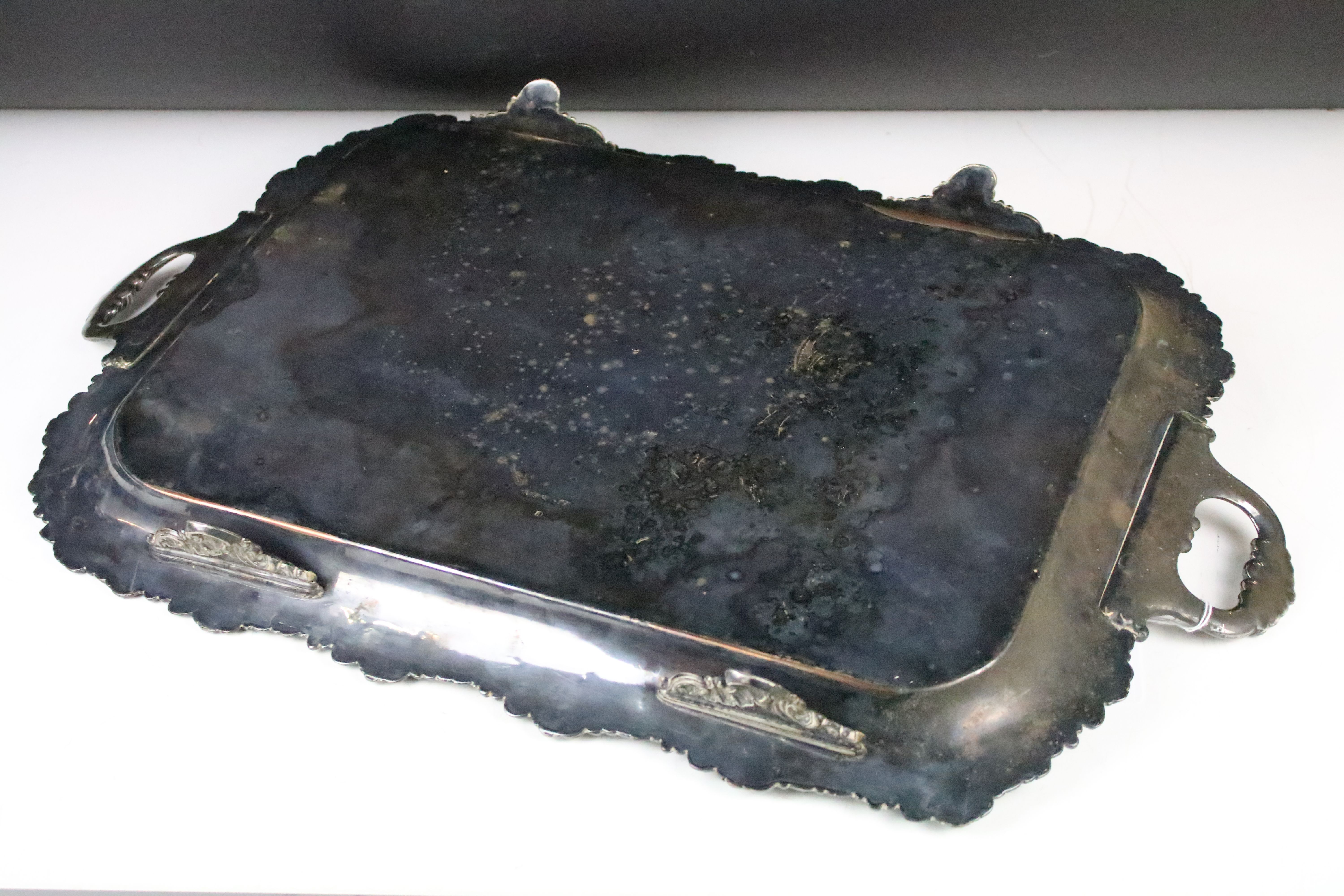 Late 19th / early 20th century silver plated rectangular serving tray with cast scrolling & floral - Image 4 of 7