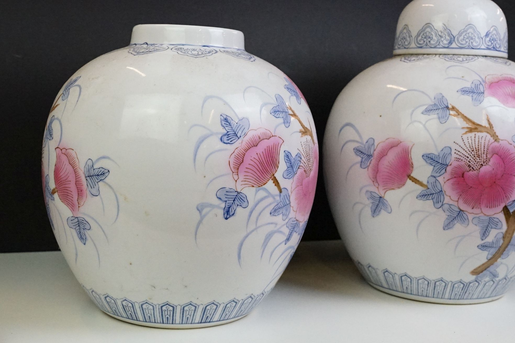 Pair of Chinese large ginger jars, each having printed pink and blue floral designs. Blue seal marks - Image 6 of 11