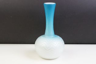 19th Century Victorian cased turquoise zig zag satin glass vase with herringbone pattern.