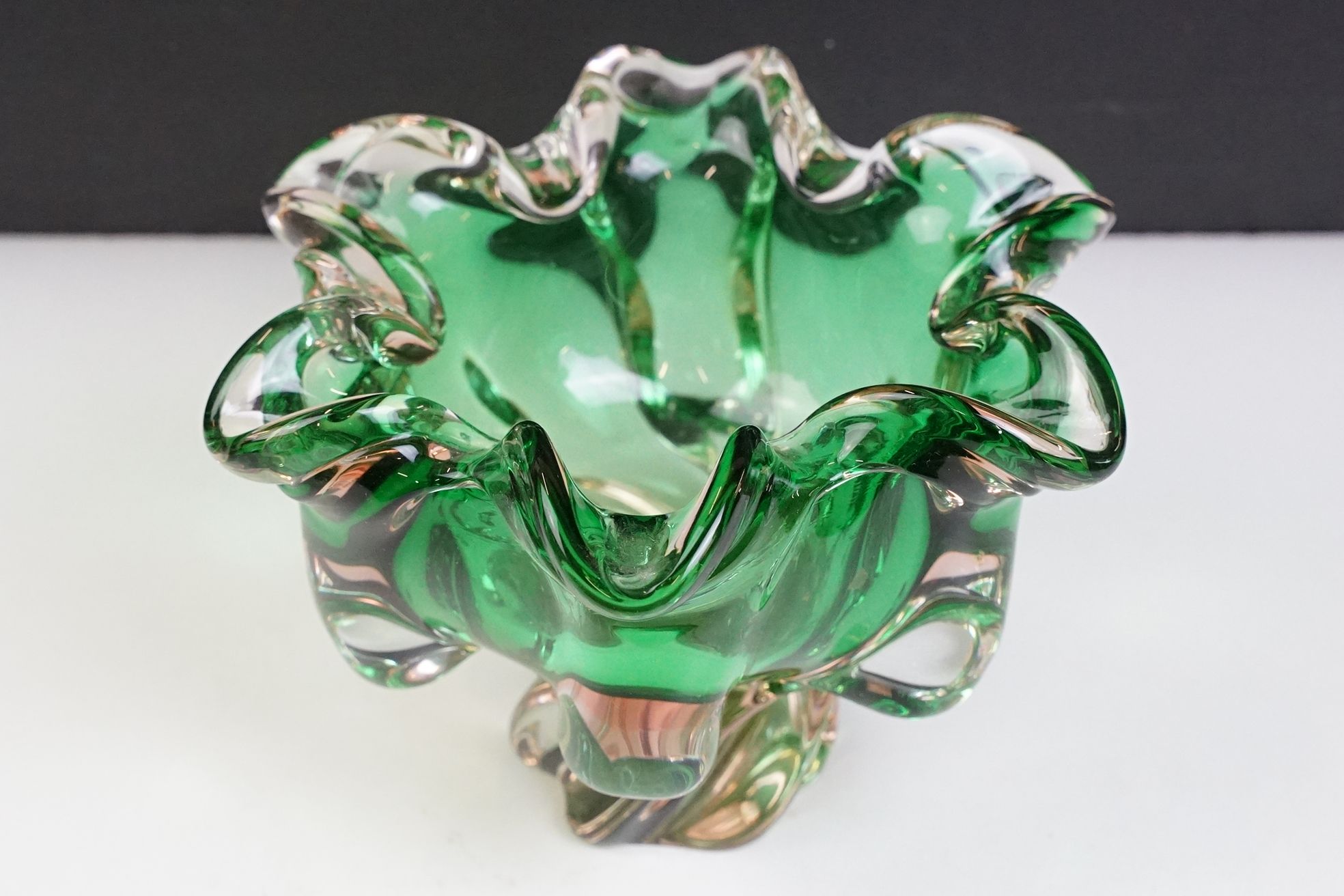 Two pieces of mid Century Czech green glass bowls to include a lobed bowl and fanned rim footed - Image 9 of 11