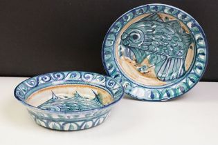 Pair of Porches Pottery Bowls decorated with fish, 19cm diameter