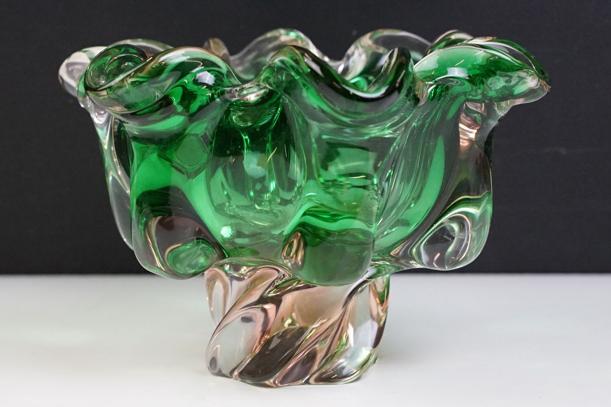 Two pieces of mid Century Czech green glass bowls to include a lobed bowl and fanned rim footed - Image 7 of 11