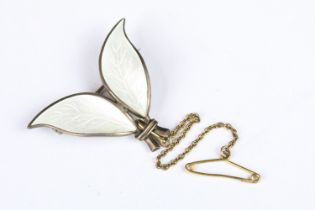 A mid 20th century sterling silver and enamel David Andersen double leaf brooch, white Guilloche