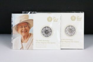 Two Royal Mint 90th Birthday of Her Majesty the Queen 2016 United Kingdom fine silver £20 Coins,