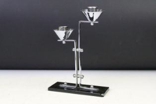 Art Deco Chrome Two Branch Candlestick on a black glass base, 23cm high