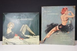 Pair of vintage Schweppes advertising table top signs. Both featuring pin up girls with the tag line