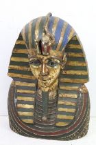 Large Tutankhamun painted fibreglass wall hanging pharaoh mask with gilt details, approx 68cm high