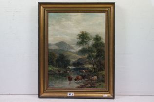 Andrew Lennox (19th / 20th century), Scottish landscape with Highland cattle in a river, oil on