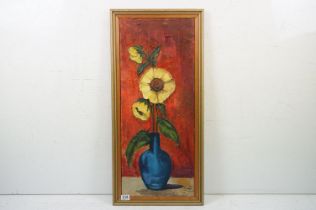 L Santos (20th century), pallet oil still life study, daisies in a blue vase, signed, 80 x 32.5cm,