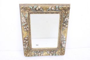 Gilt Framed Bevelled Edge Rectangular Mirror with coloured floral and foliate moulded frame, 49cm