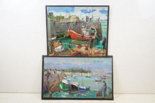 Two French oil on board paintings each depicting harbour scenes. Indistinctly signed to right