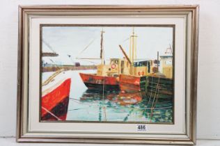 K R Davies, 20th century, oil on board, fishing boats in Newlyn Harbour, 33.5 x 46cm, framed