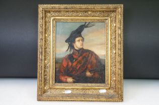 Scottish School, portrait of a Scottish hunter holding a gun, oil on board, 24 x 19,5cm, gilt framed