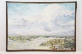 20th century, oil on canvas, an extensive moorland landscape, signed with monogrammed S.M., 59 x