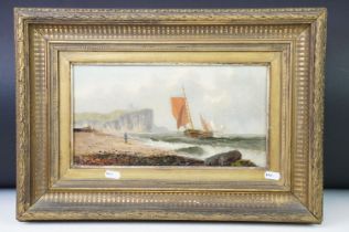 H Cook, figure on a beach with sailing boats at sea, oil on canvas, signed lower right and