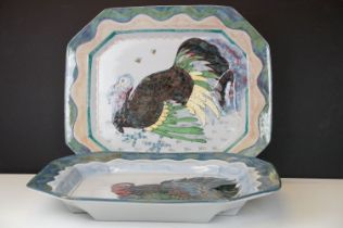 Two Highland Stoneware serving platters, of octagonal form, with polychrome turkey decoration,