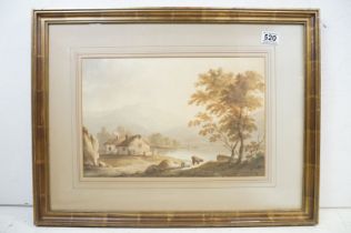Early 19th century watercolour, an extensive rural landscape of lakeside dwellings, men in boats and