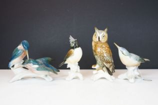 Four Karl Ens porcelain bird figurines to include 7521 Kingfishers figure group, 7518 Nuthatch, 7588