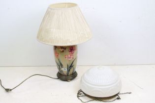 20th Century ceramic lamp base decorated with tulips on a gilt ground, together with a pressed glass