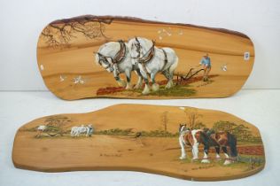 Pine panel with painted scene of man and horses ploughing, titled ' A Bit of Hard Graft ', signed