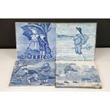 Four 19th Century Wedgwood blue & white month tiles, to include March (double-sided), April, October
