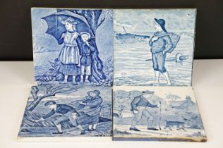 Four 19th Century Wedgwood blue & white month tiles, to include March (double-sided), April, October