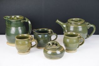 Deverill Pottery green glazed tea set for two, with handles modelled as lizards, to include