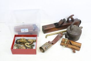 A group of mixed collectables to include vintage carpenters tools, cow bell, cribbage board, tape