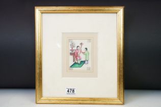 A fine Chinese watercolour miniature portrait of a lady with musical instrument and maid servant, 11