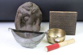 A group of middle eastern and Indian collectables to include a Islamic Kashkul begging bowl,