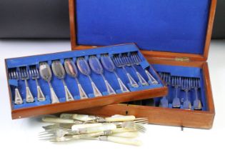 A canteen of silver plated cutlery together with fish knives and forks with mother of pearl handles.