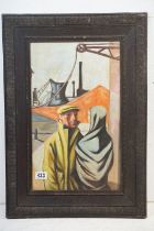 An oak framed oil painting of an industrial scene with man and woman conversing in foreground, 49
