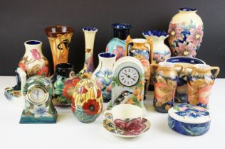 Collection of Old Tupton Ware tube lined ceramics, 19 pieces, to include vases, mantel clocks,