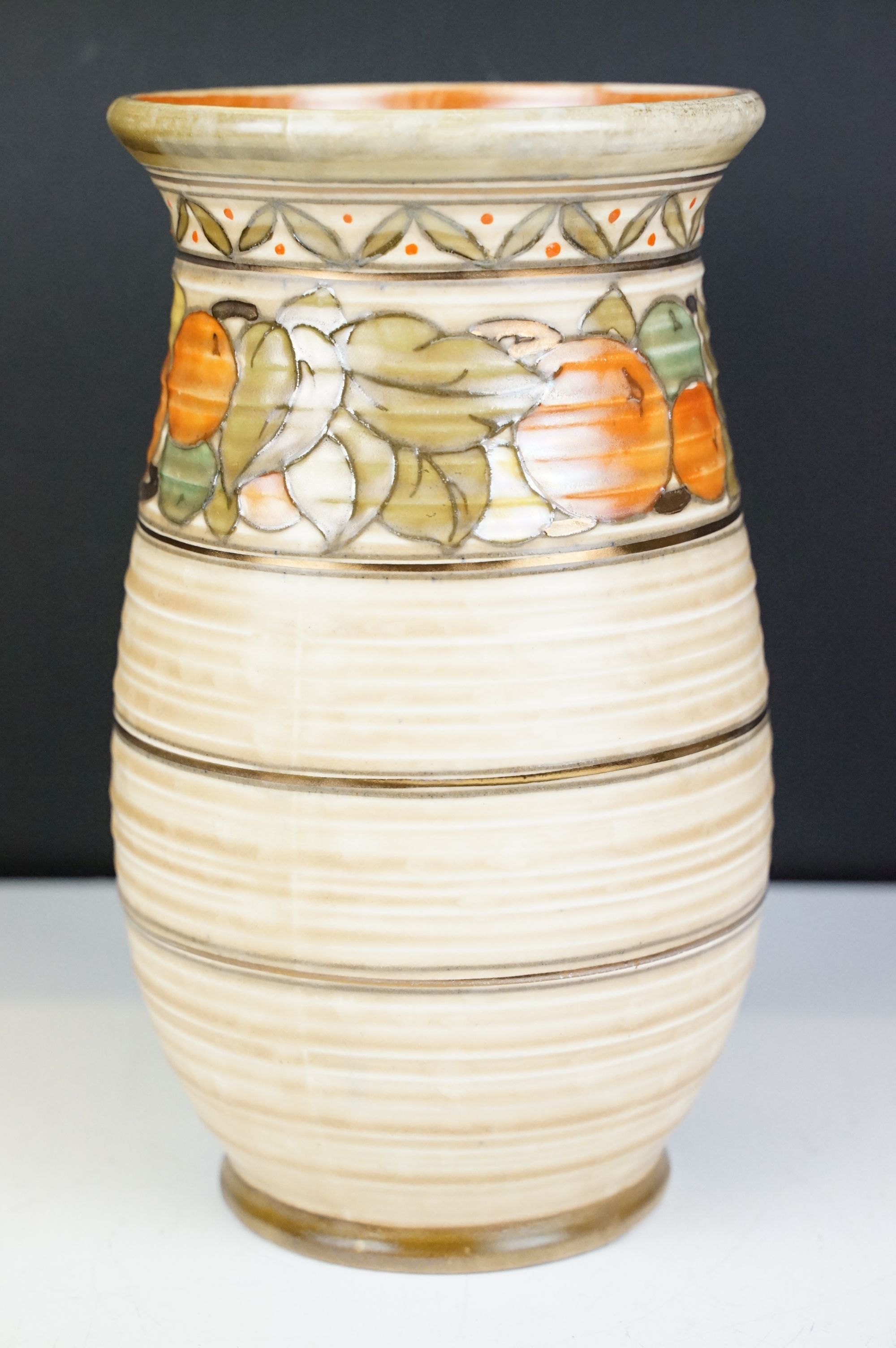 Charlotte Rhead for Crown Ducal - A 'Fruit Border' baluster form vase on ribbed ground, circa 1930's - Image 3 of 13