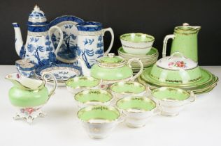 Allerton & Sons tea set for six, pattern no. 4372, with green ground floral decoration, to include