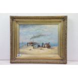 Gilt framed Impressionist oil painting scene with Victorian figures on a pier awaiting steam ship,