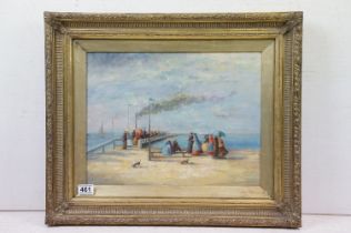 Gilt framed Impressionist oil painting scene with Victorian figures on a pier awaiting steam ship,